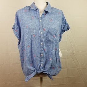 NWT Old Navy XL Blue Linen Blend Pink Flamingo Top